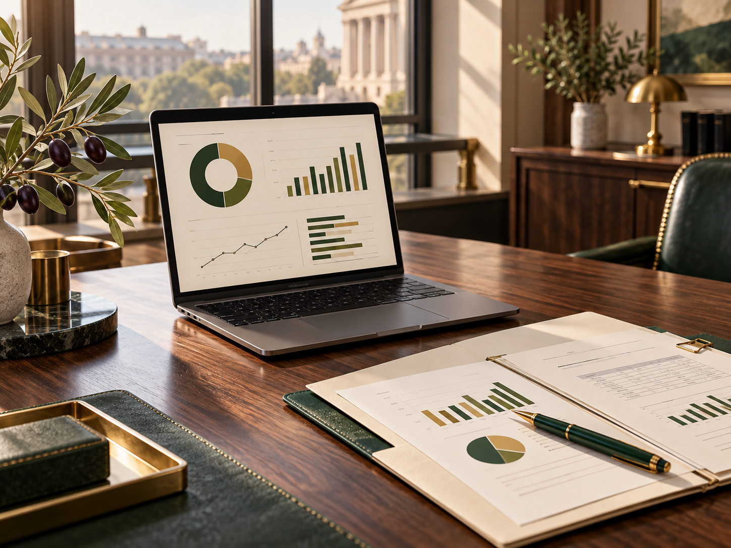 Illustrative financial overview and records on a law office desk with olive branches