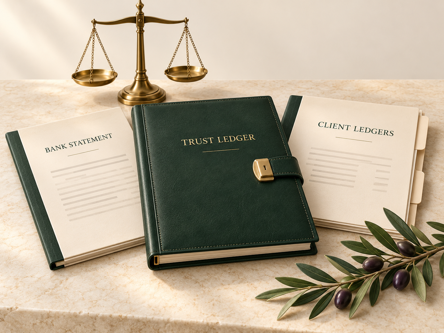 Bank statement, trust ledger and client ledgers beside legal scales and an olive branch