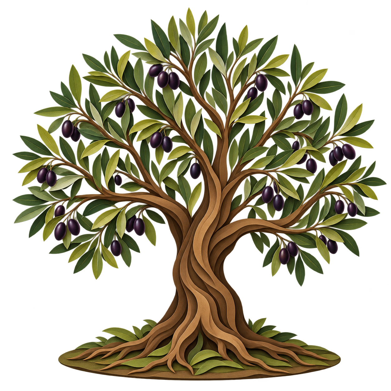 An olive tree with a strong brown trunk, green leaves, deep purple olives, and spreading roots